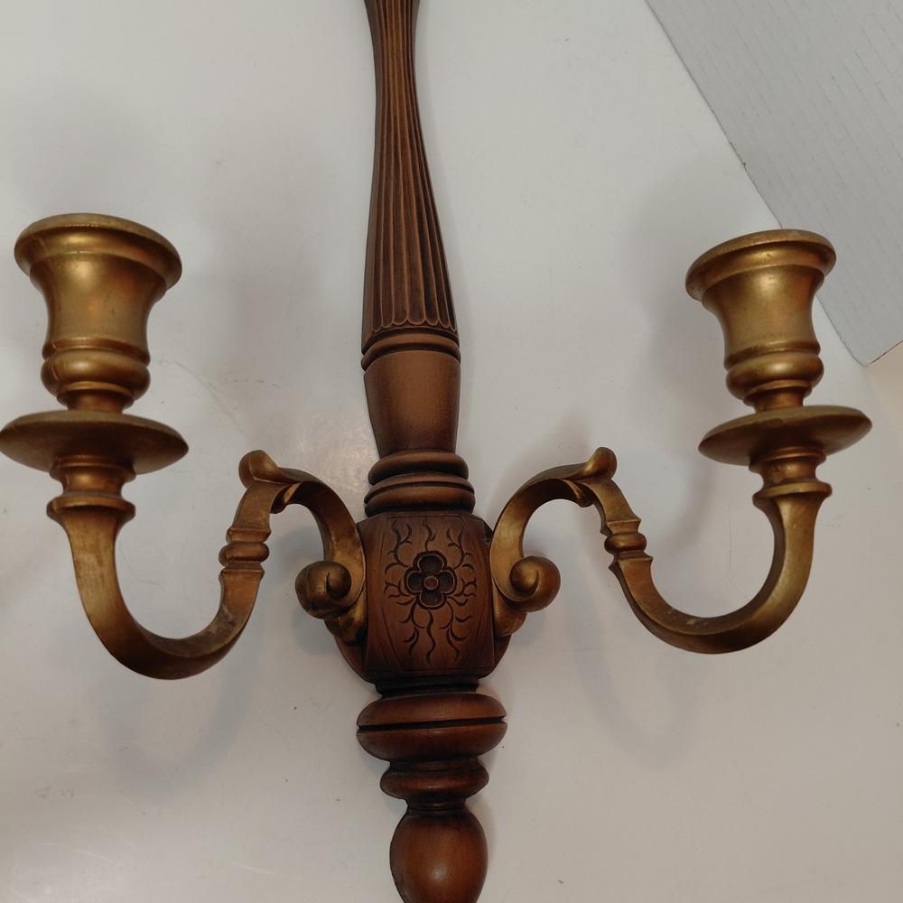 Vintage Syroco Wooden & Resin Wall Sconces Pair Set Of 2 With Dual Candle Holder